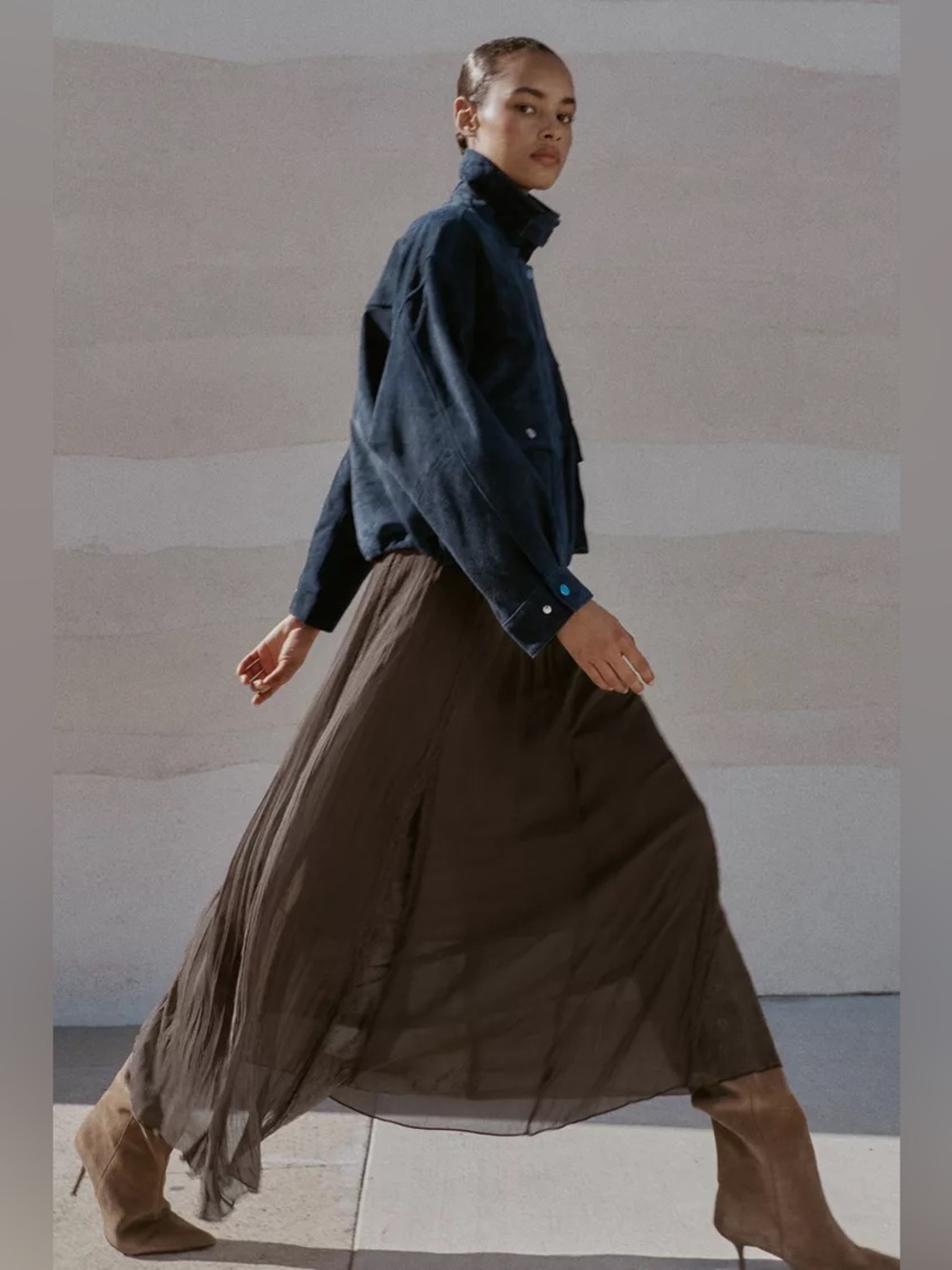 NWT Zara Woman LACE GODET SKIRT Brown Size XL